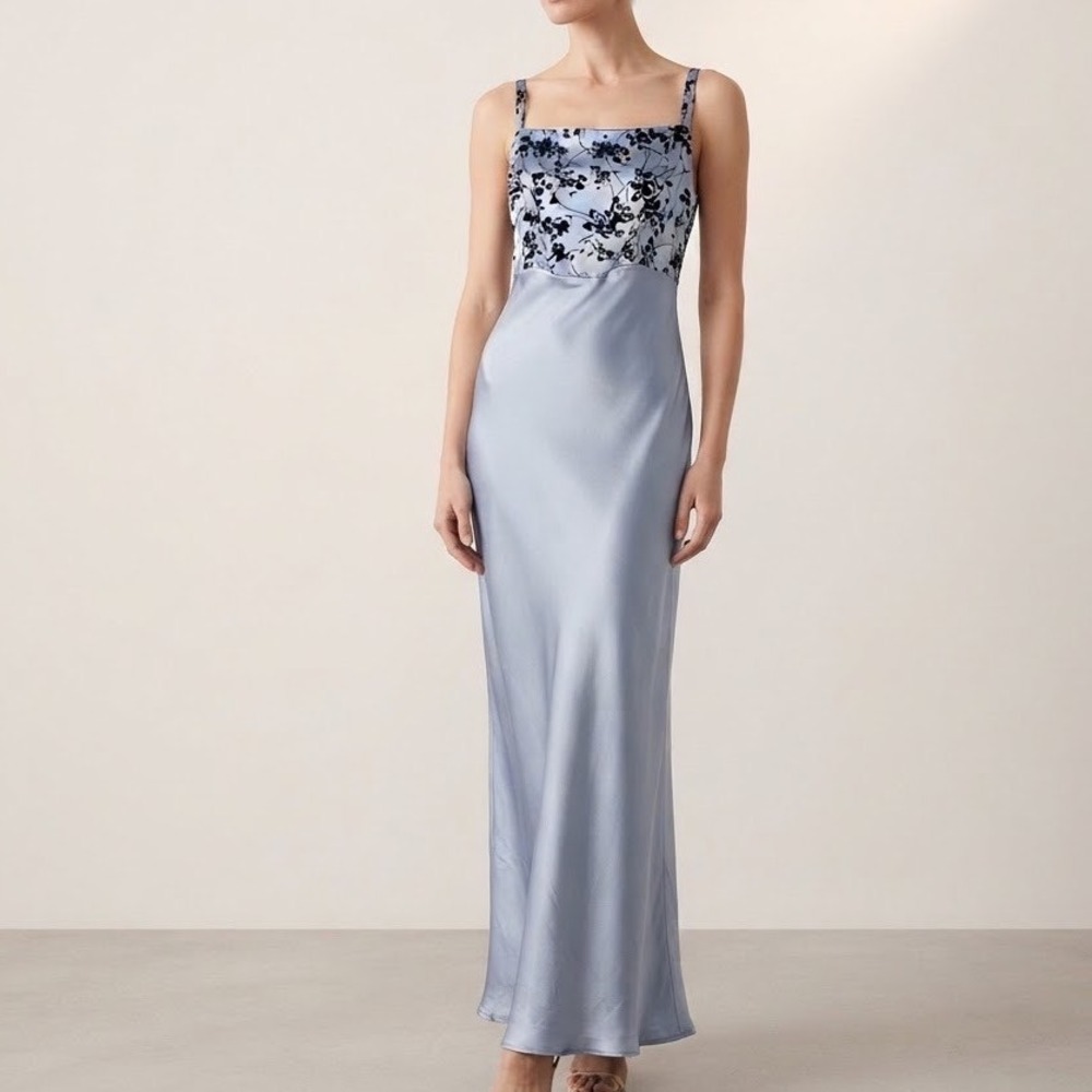 Rampage Vintage Y2K Satin Slip Dress Sz 7 Small Blue Black Floral Maxi Gown 90s